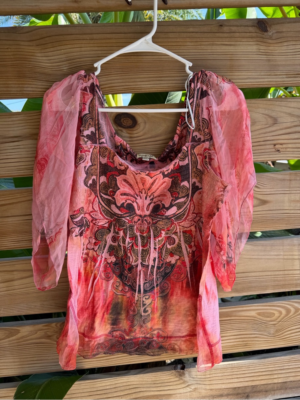 Vintage Pink Printed Sheer-Sleeve Tunic Top